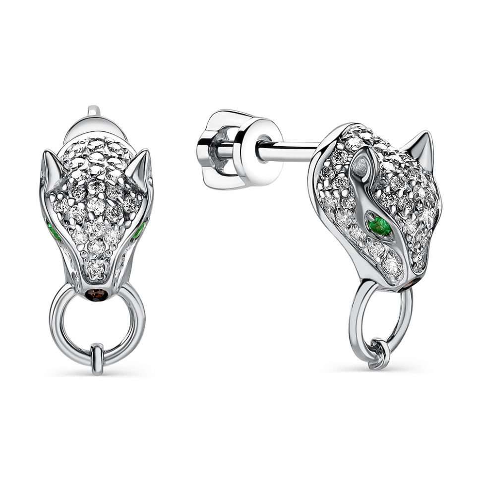 Серьги пусеты из белого золота с бриллиантами и изумрудами (059854)