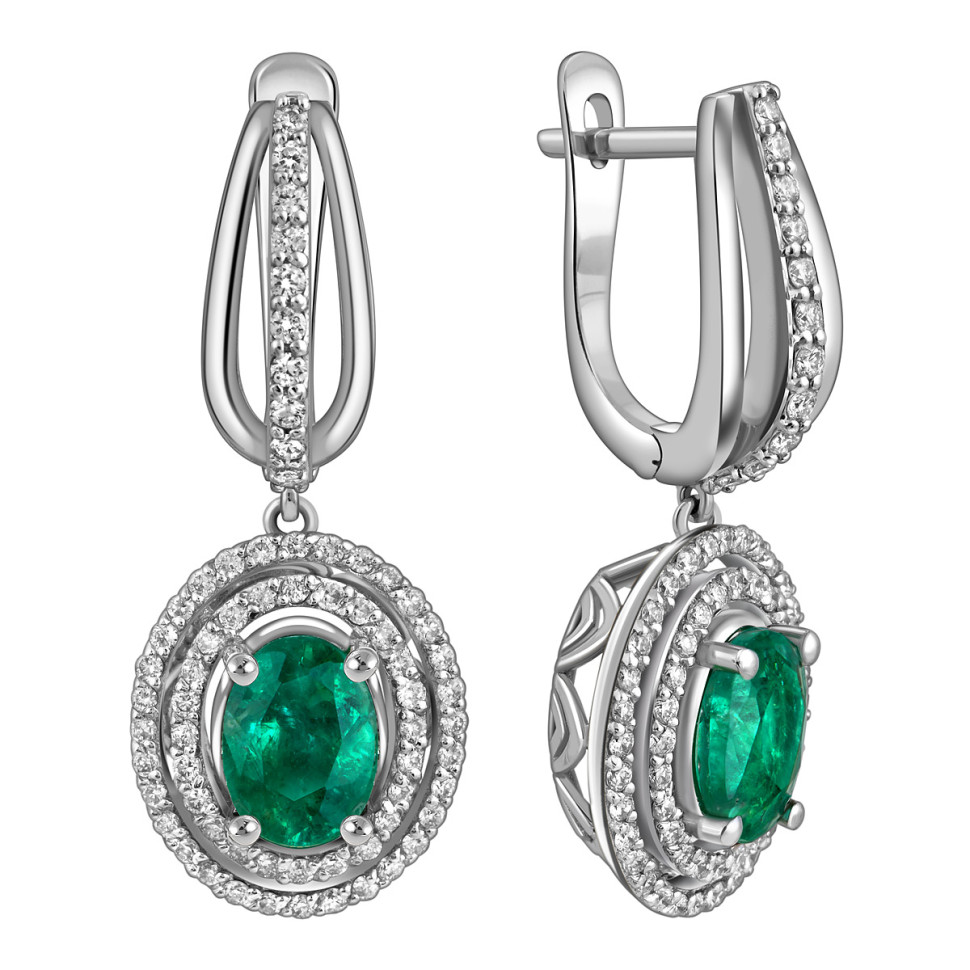 Серьги из белого золота с бриллиантами и изумрудами (025203)