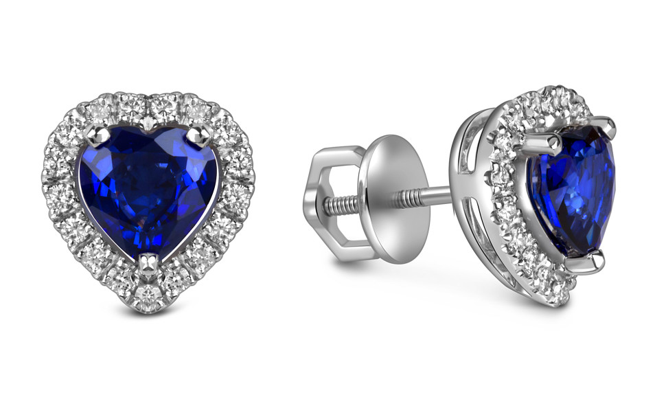 Серьги пусеты из белого золота с бриллиантами и сапфирами Сердце (060565)