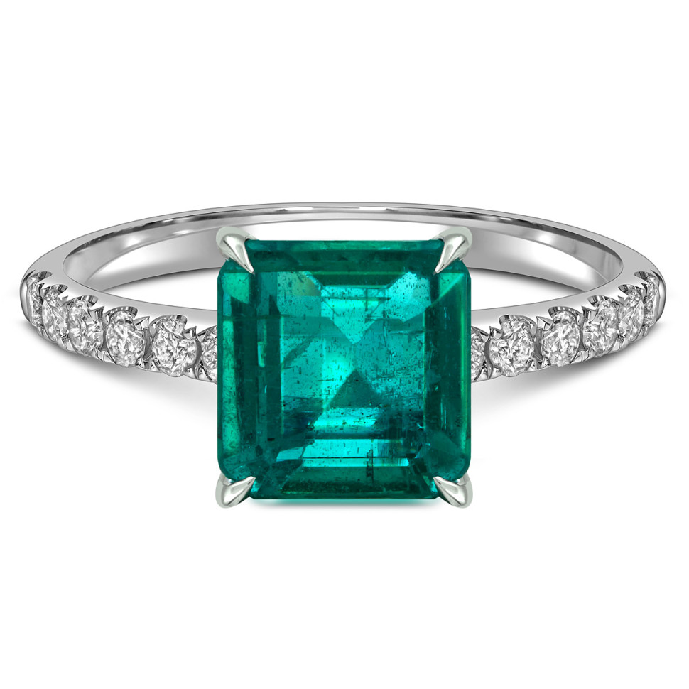 Кольцо из белого золота с бриллиантами и изумрудом (058509)