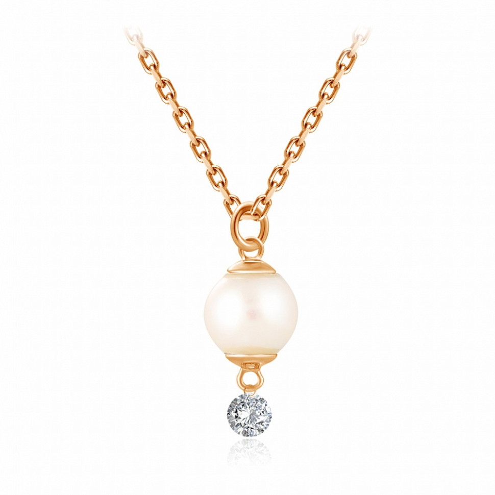 Колье из красного золота с бриллиантом и жемчугом Акойя (047749)