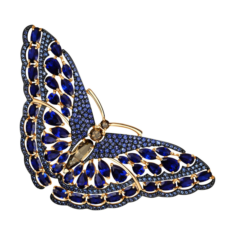 Брошь из красного золота с синими корундами и раухтопазами 