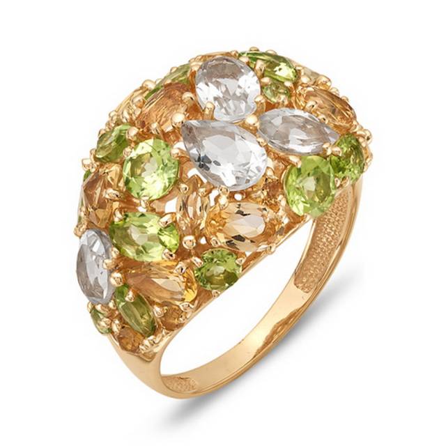 Кольцо из красного золота с зелёными аметистами, хризолитами и цитринами  (042574)