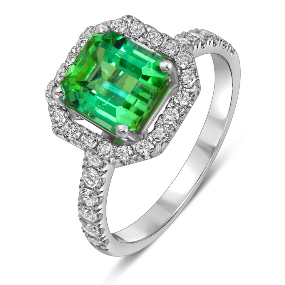Кольцо из белого золота с бриллиантами и зелёным турмалином (058463)