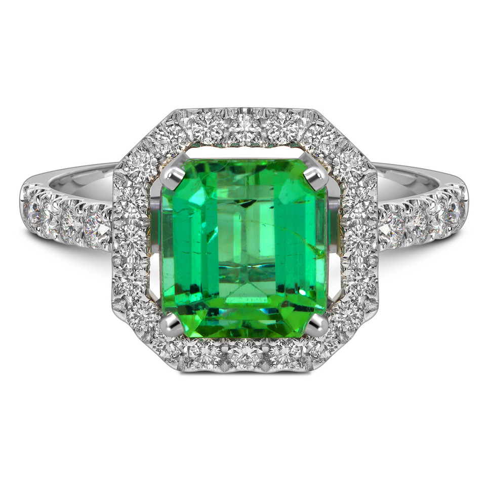 Кольцо из белого золота с бриллиантами и зелёным турмалином (058463)