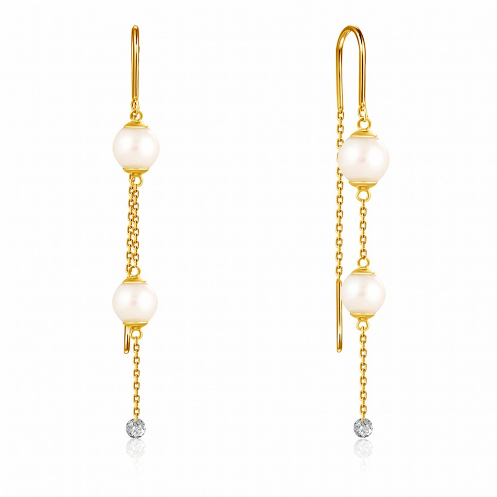 Серьги протяжки из жёлтого золота с бриллиантами и жемчугом Акойя (047665)