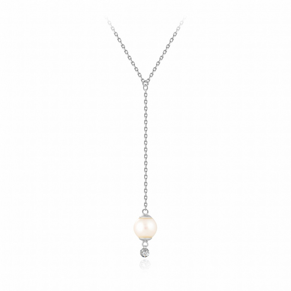 Колье из белого золота с бриллиантом и жемчугом Акойя (047768)
