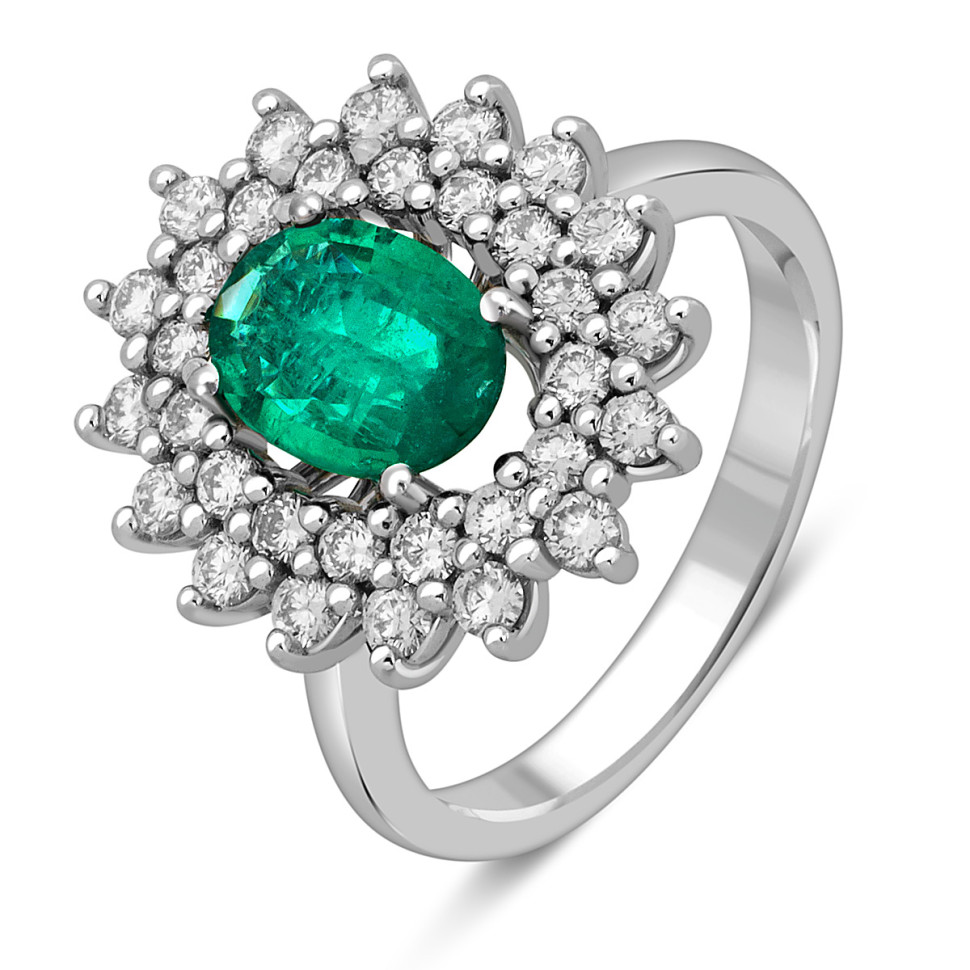 Кольцо из белого золота с бриллиантами и изумрудом (049509)
