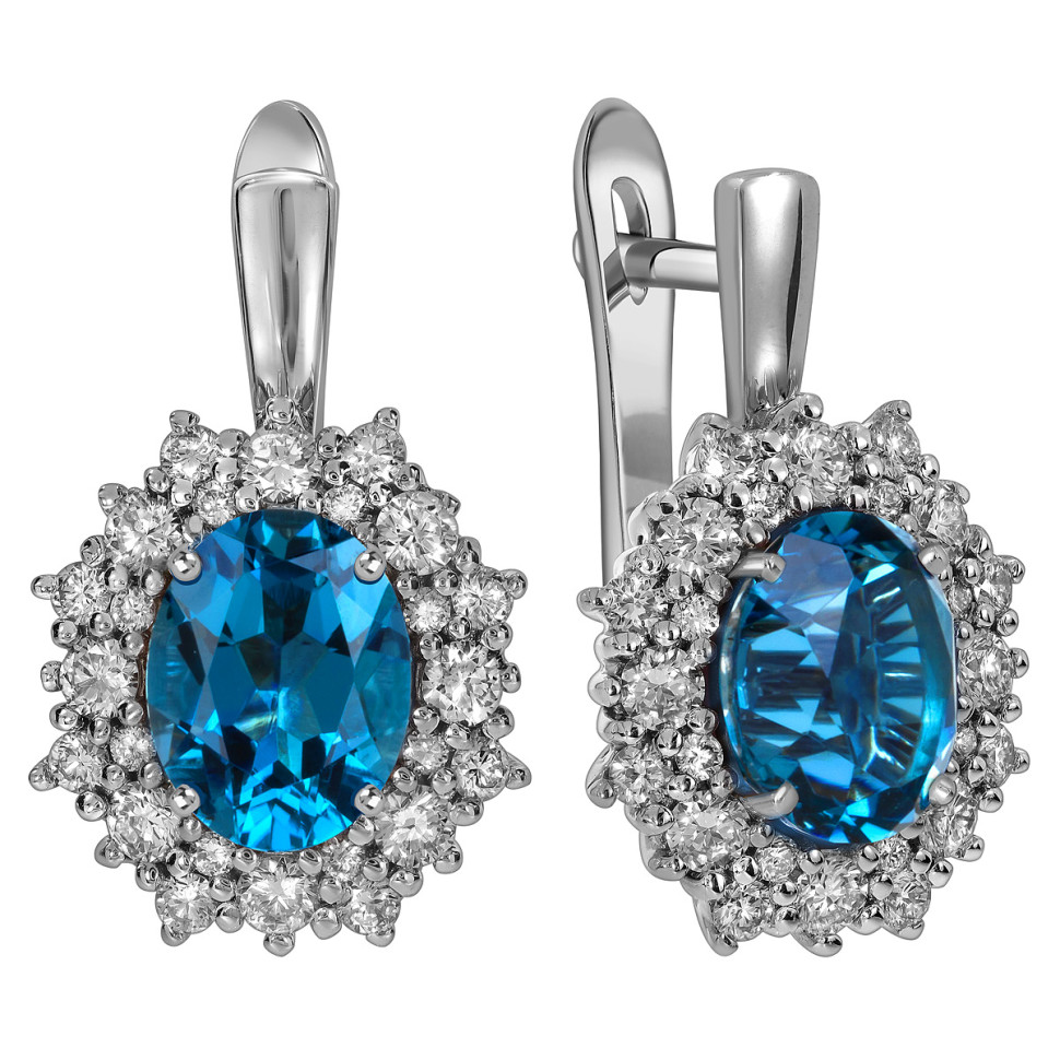 Серьги из белого золота с бриллиантами и лондон топазами (060506)