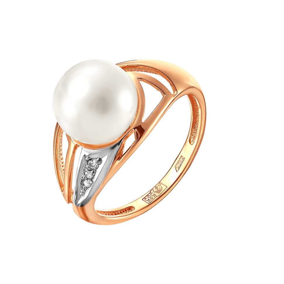 Кольцо из красного золота с жемчугом и фианитами (041819)