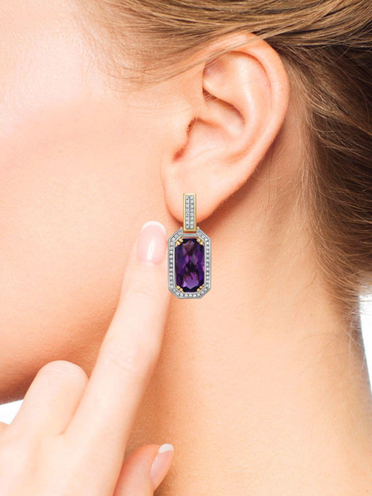 Серьги из жёлтого золота с бриллиантами и аметистами (046727)