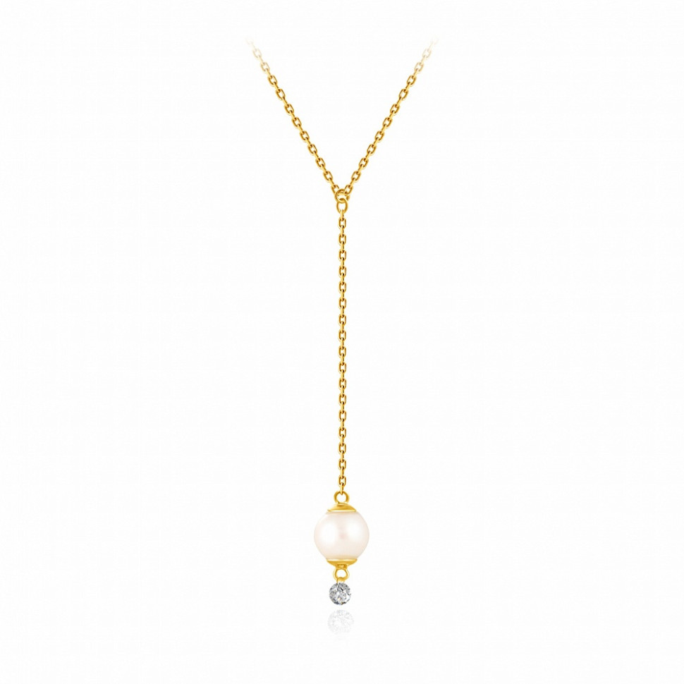 Колье из жёлтого золота с бриллиантом и жемчугом Акойя (047756)
