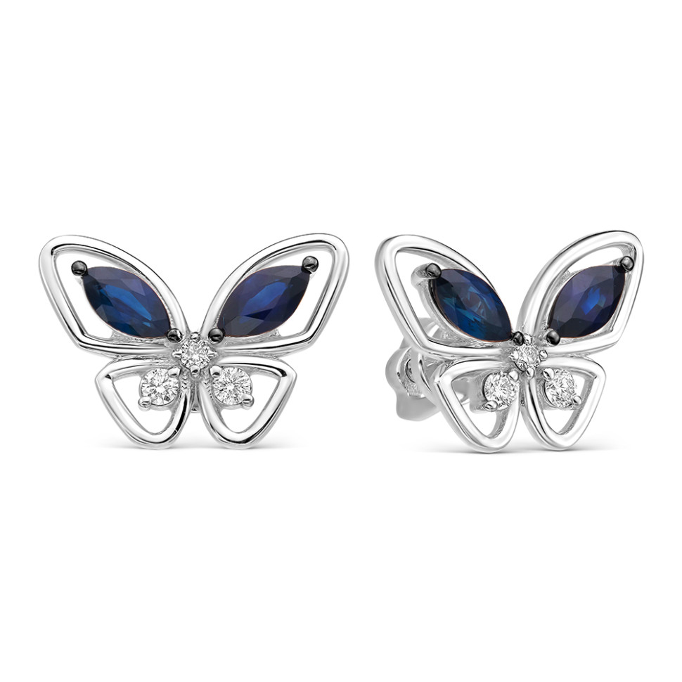 Серьги пусеты из белого золота с сапфирами и бриллиантами 