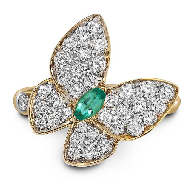Кольцо из жёлтого золота с бриллиантами и изумрудом "Бабочка" (059984)