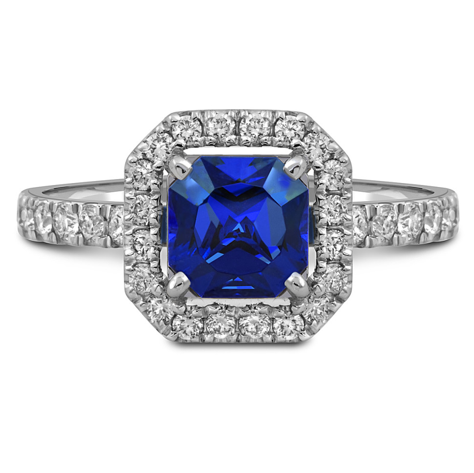 Кольцо из белого золота с бриллиантами и сапфиром (055132)