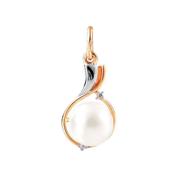 Кулон из красного золота с жемчугом и фианитами (041816)