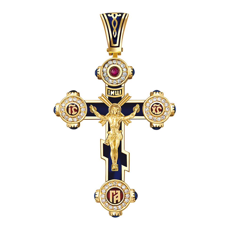 Кулон крест из жёлтого золота с бриллиантами, сапфирами и рубином (049368)