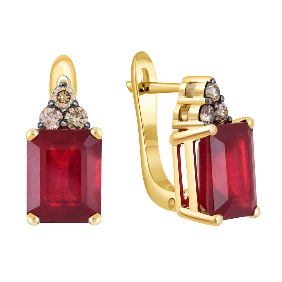 Серьги из жёлтого золота с коньячными бриллиантами и рубинами (051779)
