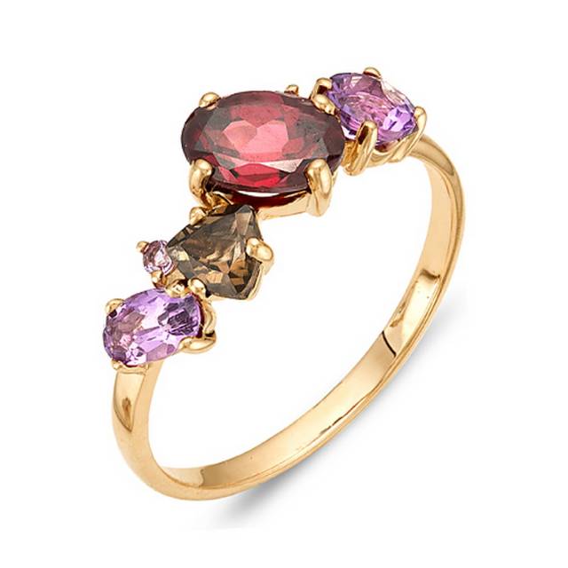 Кольцо из красного золота с родолитом, аметистами и раухтопазами (043549)