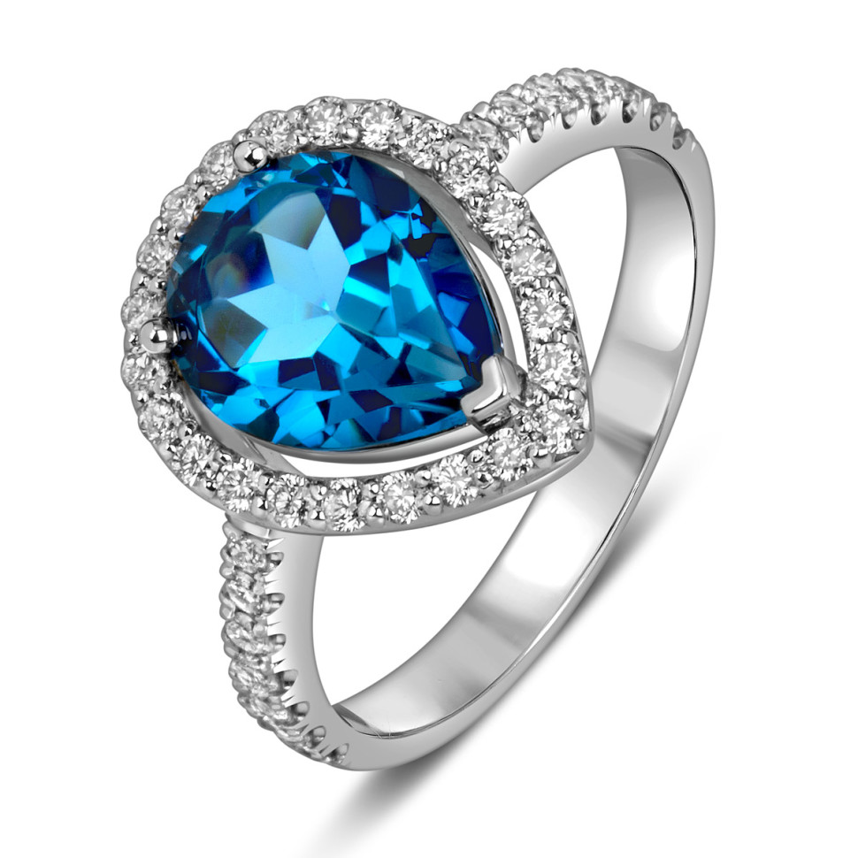 Кольцо из белого золота с бриллиантами и лондон топазом (060361)