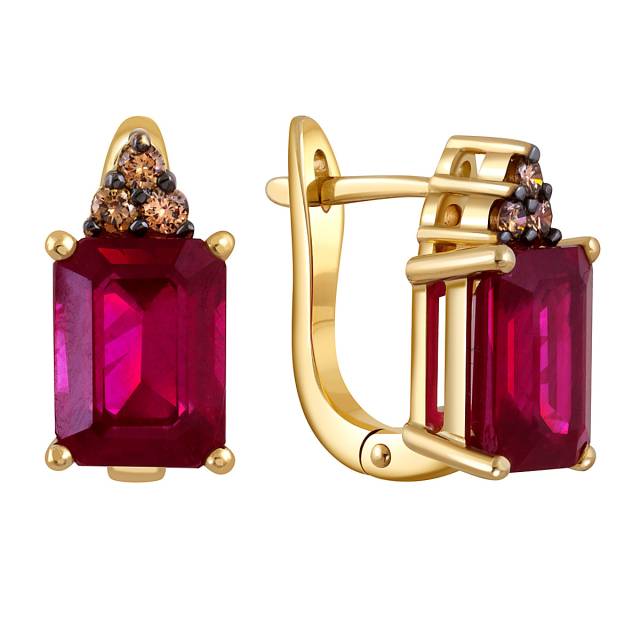 Серьги из жёлтого золота с коньячными бриллиантами и рубинами (052082)