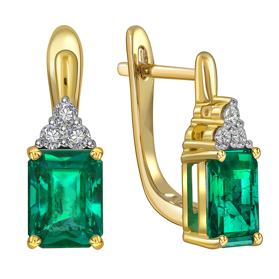 Серьги из желтого золота с бриллиантами и изумрудами (055521)