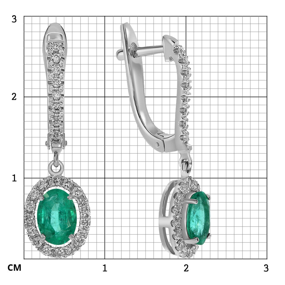 Серьги из белого золота с бриллиантами и изумрудами (061118)