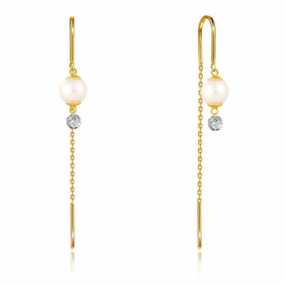 Серьги протяжки из жёлтого золота с бриллиантами и жемчугом Акойя (047666)