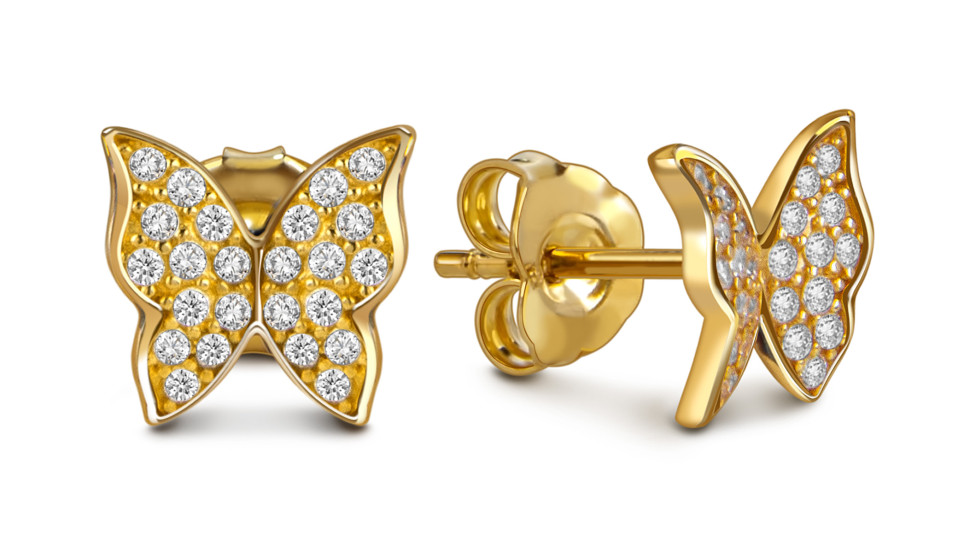 Серьги пусеты из жёлтого золота с фианитами 