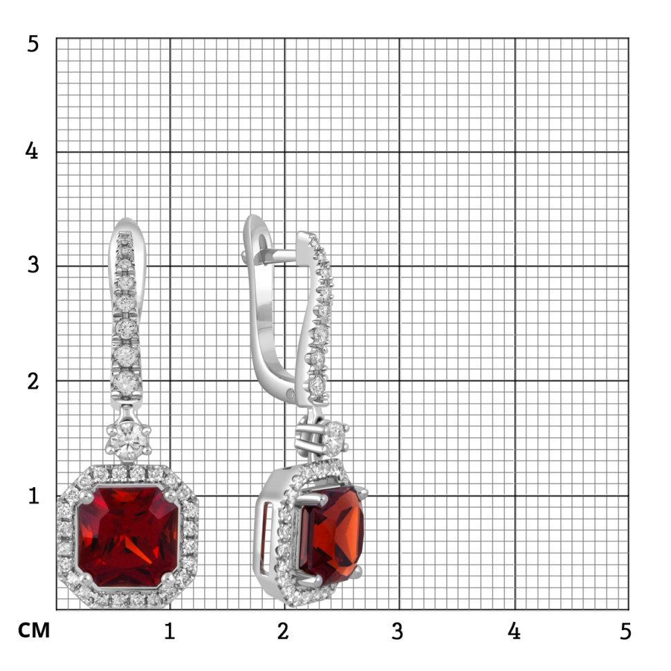 Серьги пусеты из белого золота с бриллиантами и гранатами (051718)