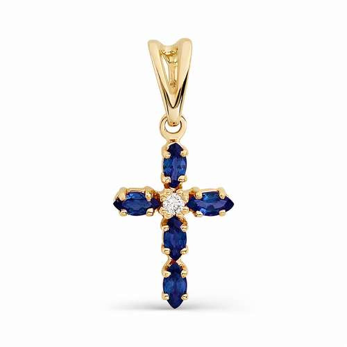Кулон крест из красного золота с бриллиантом и сапфирами (032945)