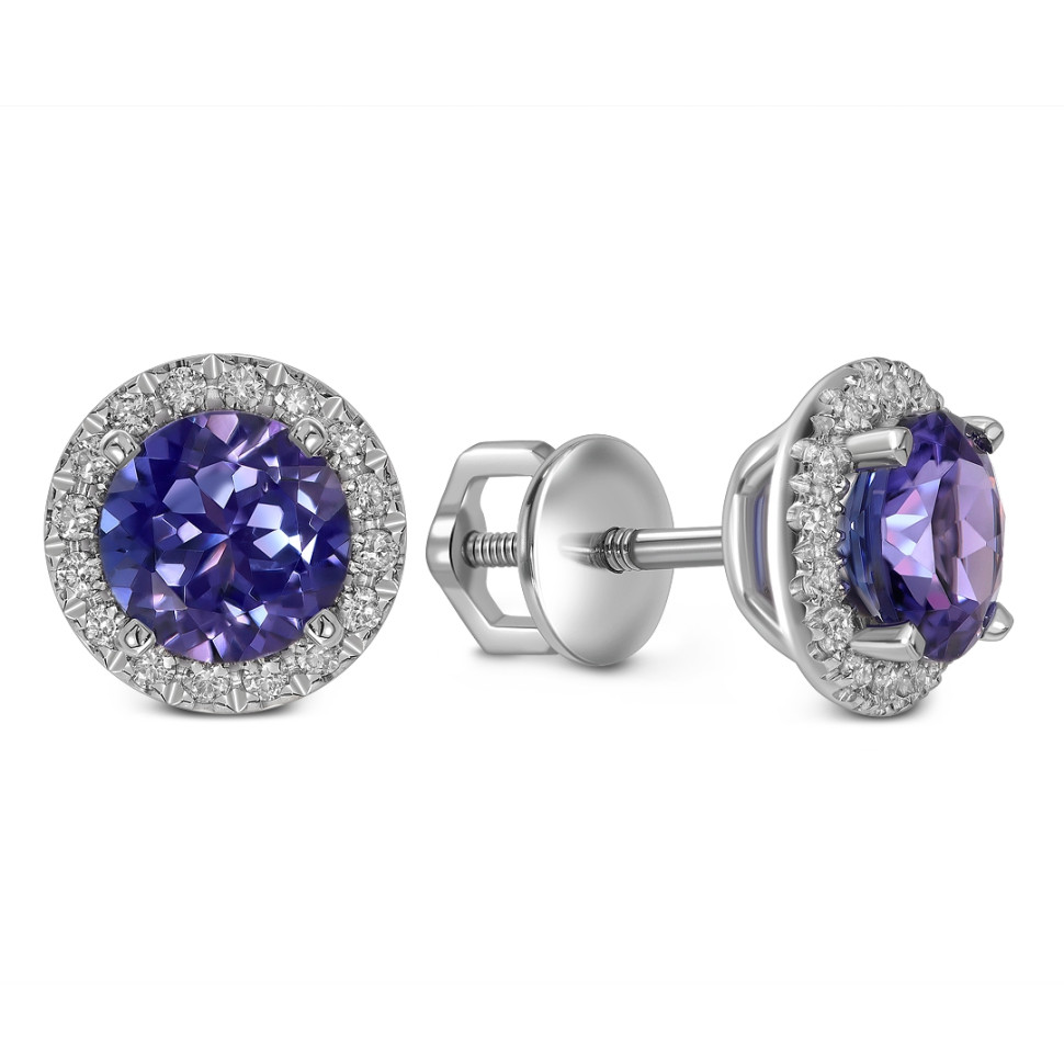 Серьги пусеты из белого золота с бриллиантами и танзанитами (060613)