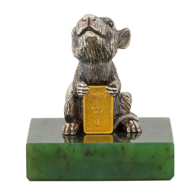 Сувенир Символ года Крыса из серебра со слитком из золота 999 пробы на подставке из нефрита (032043)