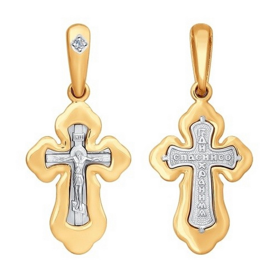 Кулон крест из комбинированного золота с бриллиантом (025068)