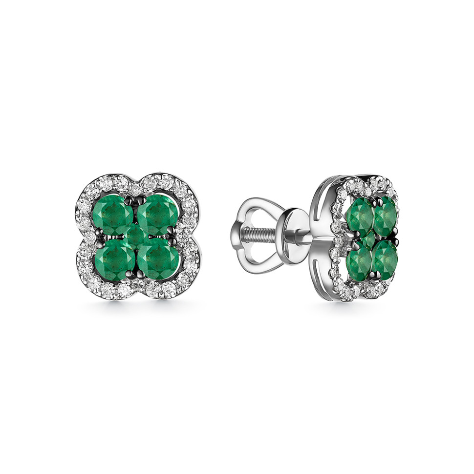 Серьги пусеты из белого золота с бриллиантами и изумрудами (055759)