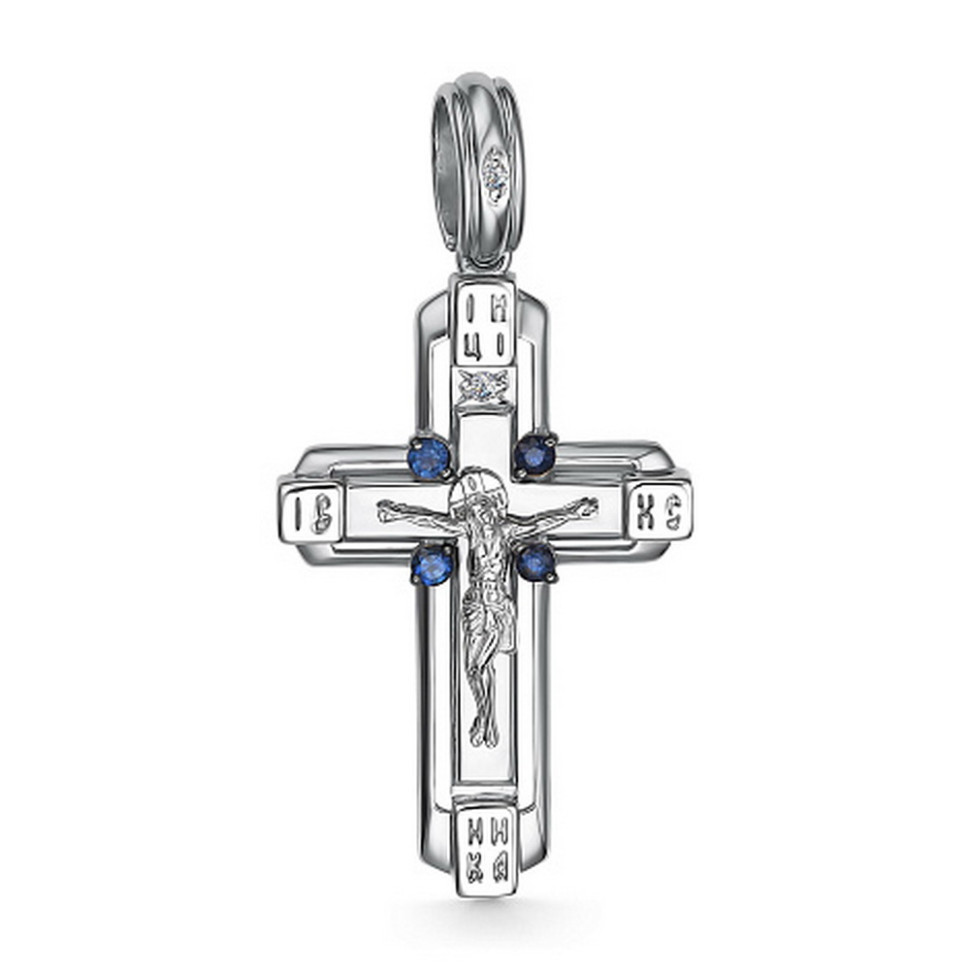 Кулон крест из белого золота с бриллиантами и сапфирами (060426)