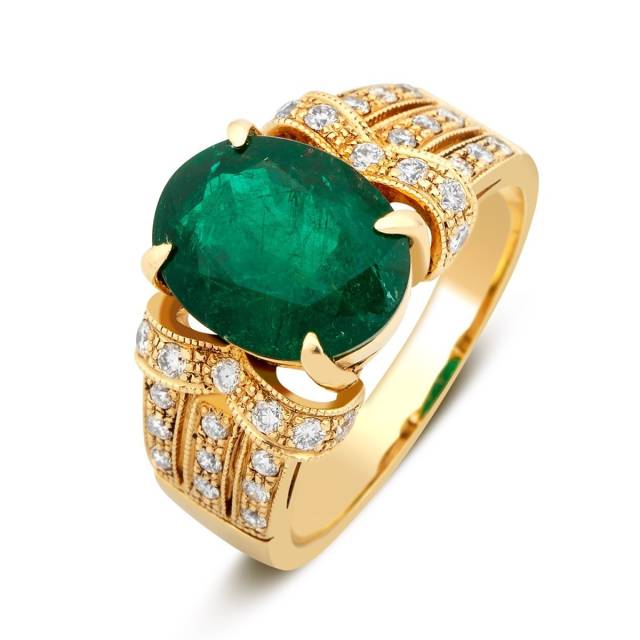 Кольцо из жёлтого золота с бриллиантами и изумрудом (017610)