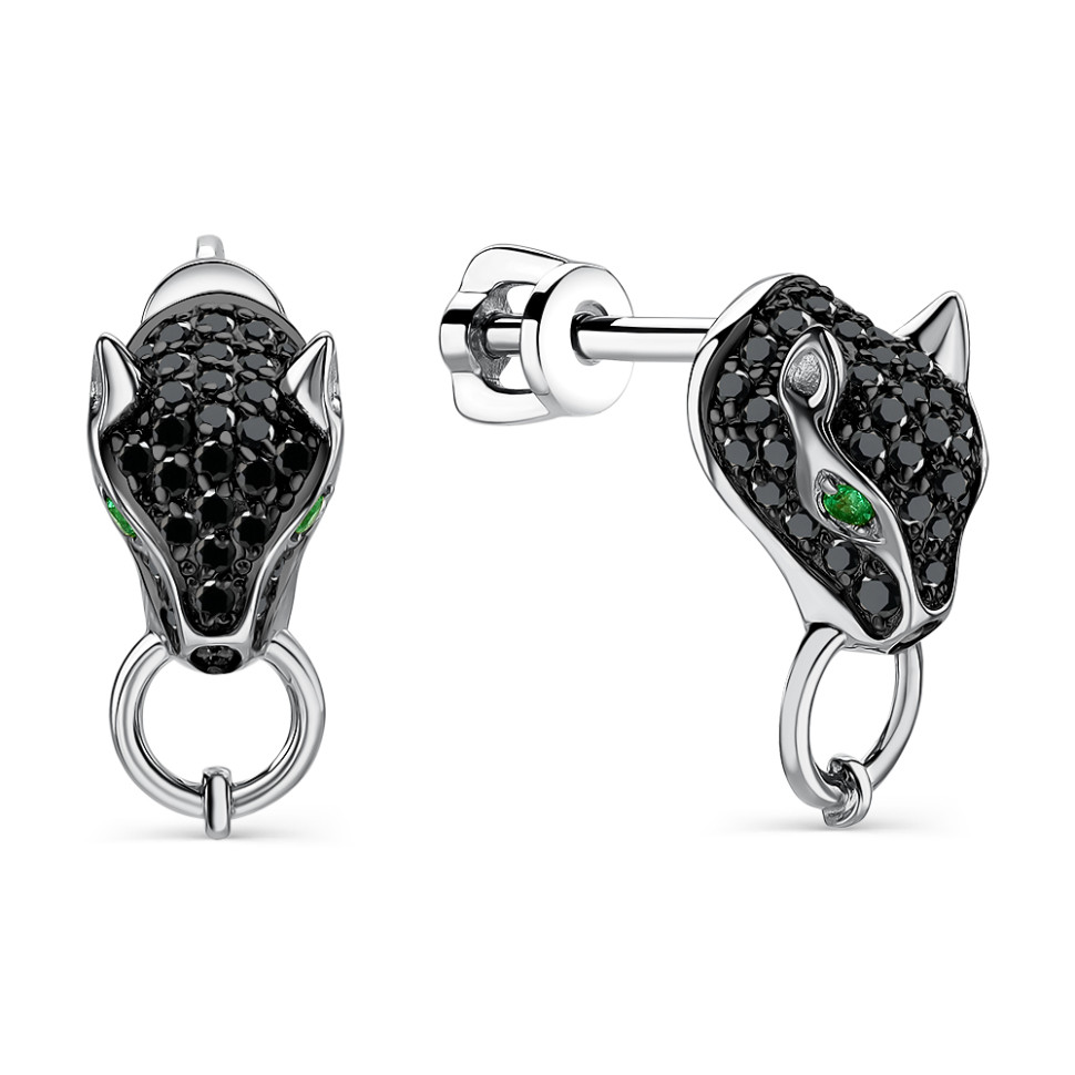 Серьги пусеты из белого золота с чёрными бриллиантами и изумрудами (060940)