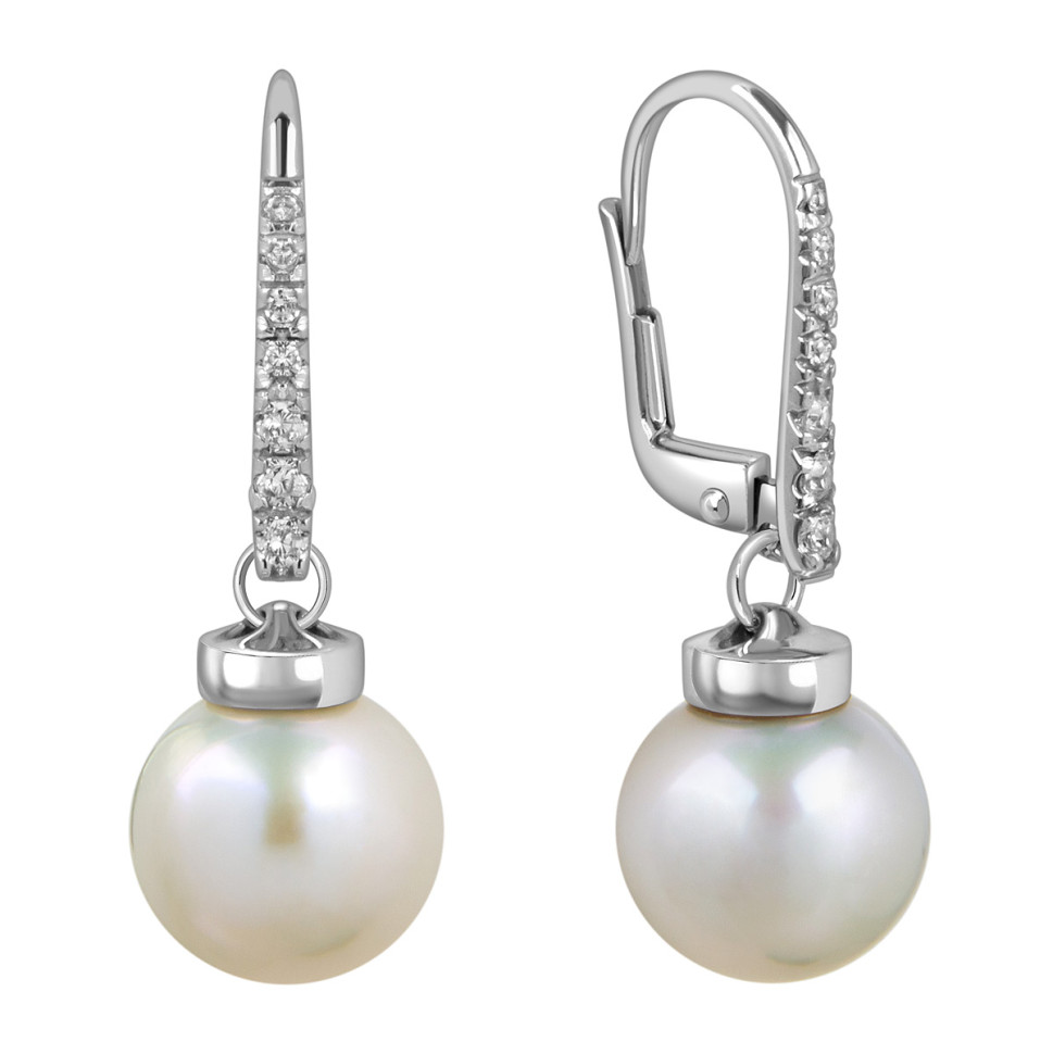 Серьги из белого золота с фианитами и жёмчугом (057922)