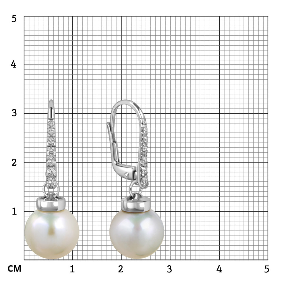 Серьги из белого золота с фианитами и жёмчугом (057922)