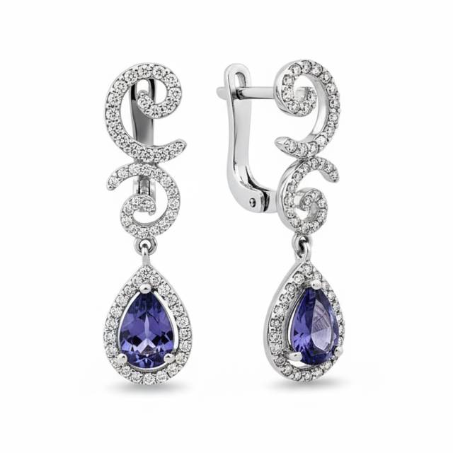 Серьги из белого золота с бриллиантами и танзанитами (014136)