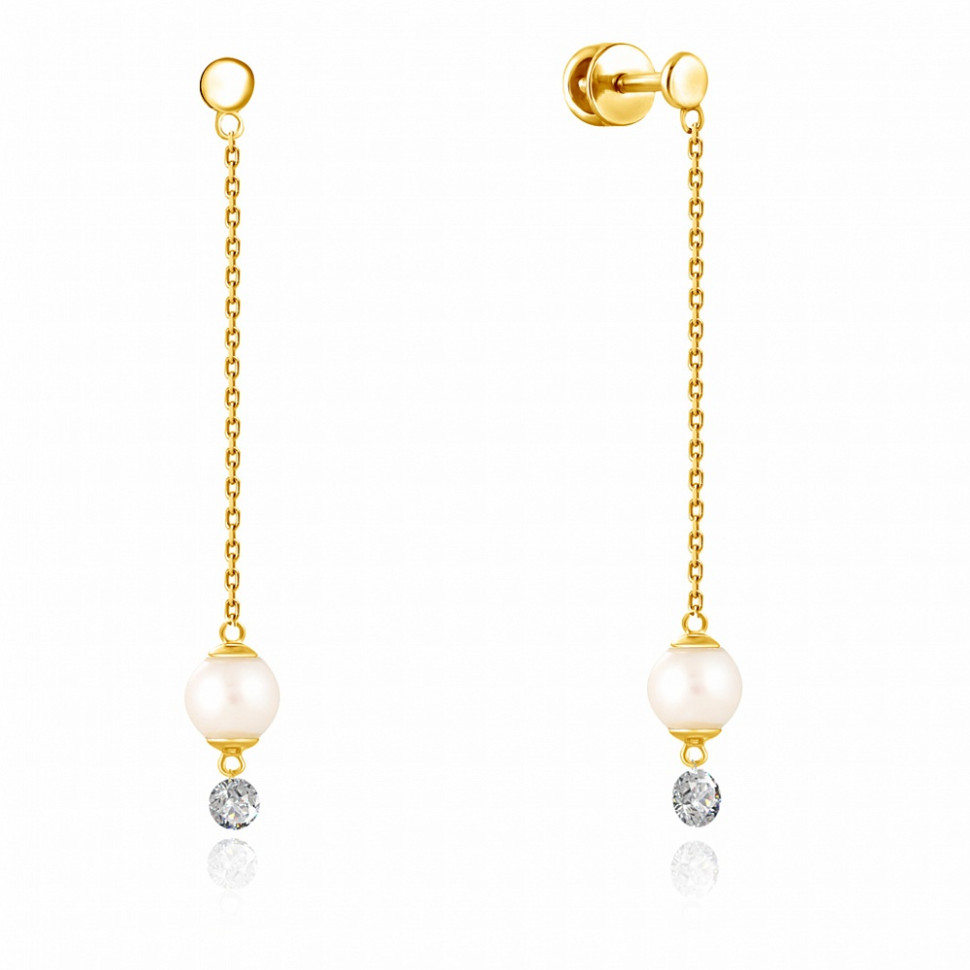 Серьги из жёлтого золота с бриллиантами и жемчугом Акойя (047682)