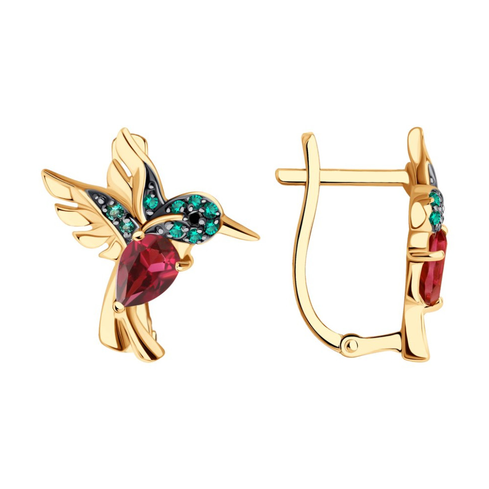 Серьги из красного золота с родолитами и фианитами 