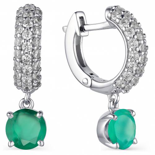 Серьги из серебра с зелёными агатами и фианитами