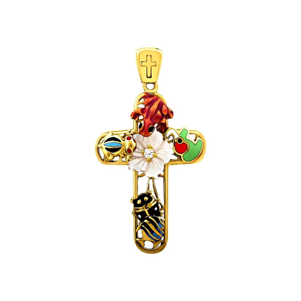 Кулон из жёлтого золота с фианитом, перламутром и  эмалью (022450)