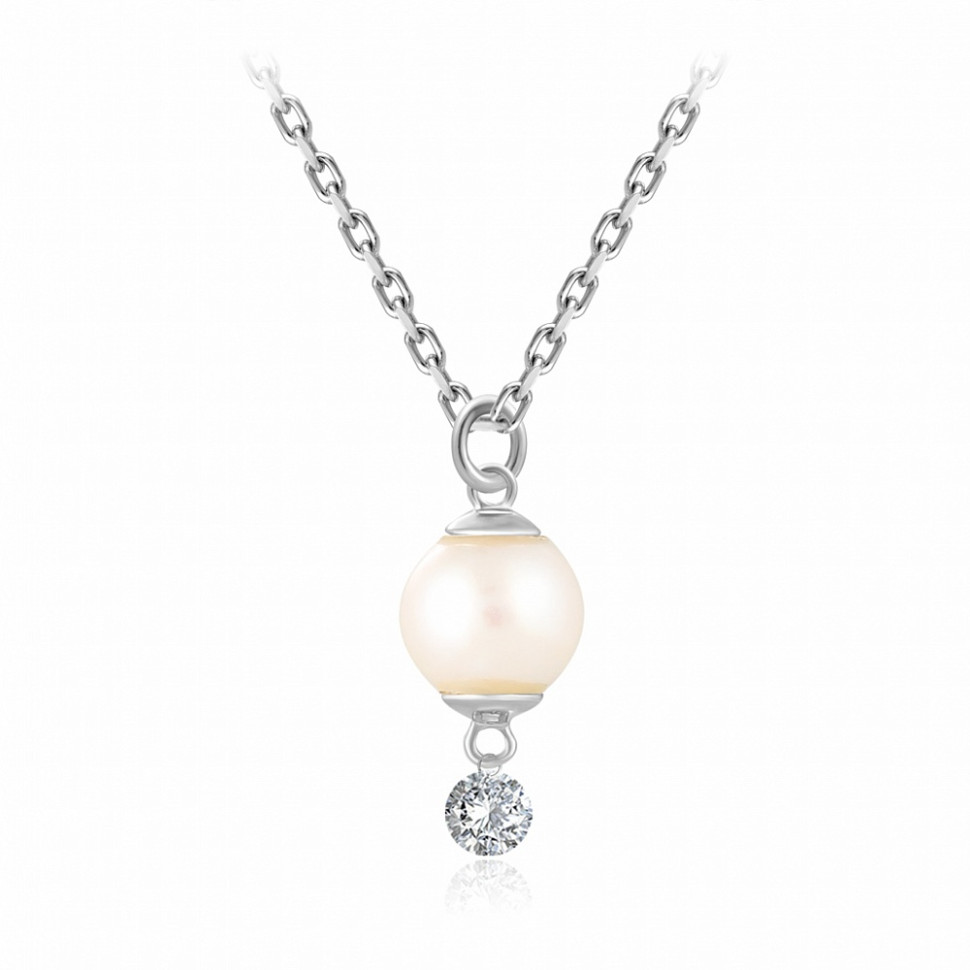 Колье из белого золота с бриллиантом и жемчугом Акойя (047767)