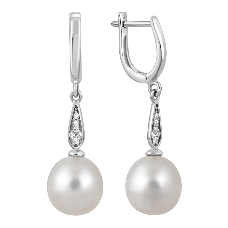 Серьги из белого золота с фианитами и жемчугом (047809)