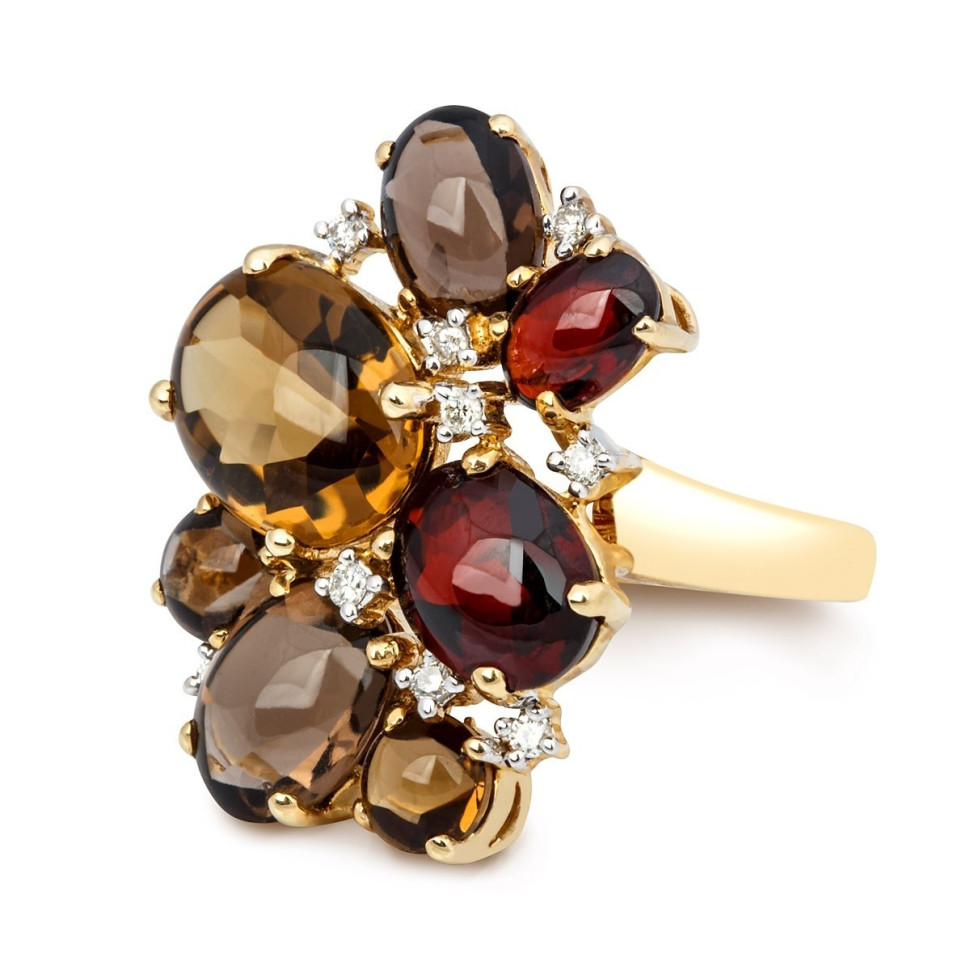 Кольцо с бриллиантами и полудрагоценными камнями из желтого золота (001188)