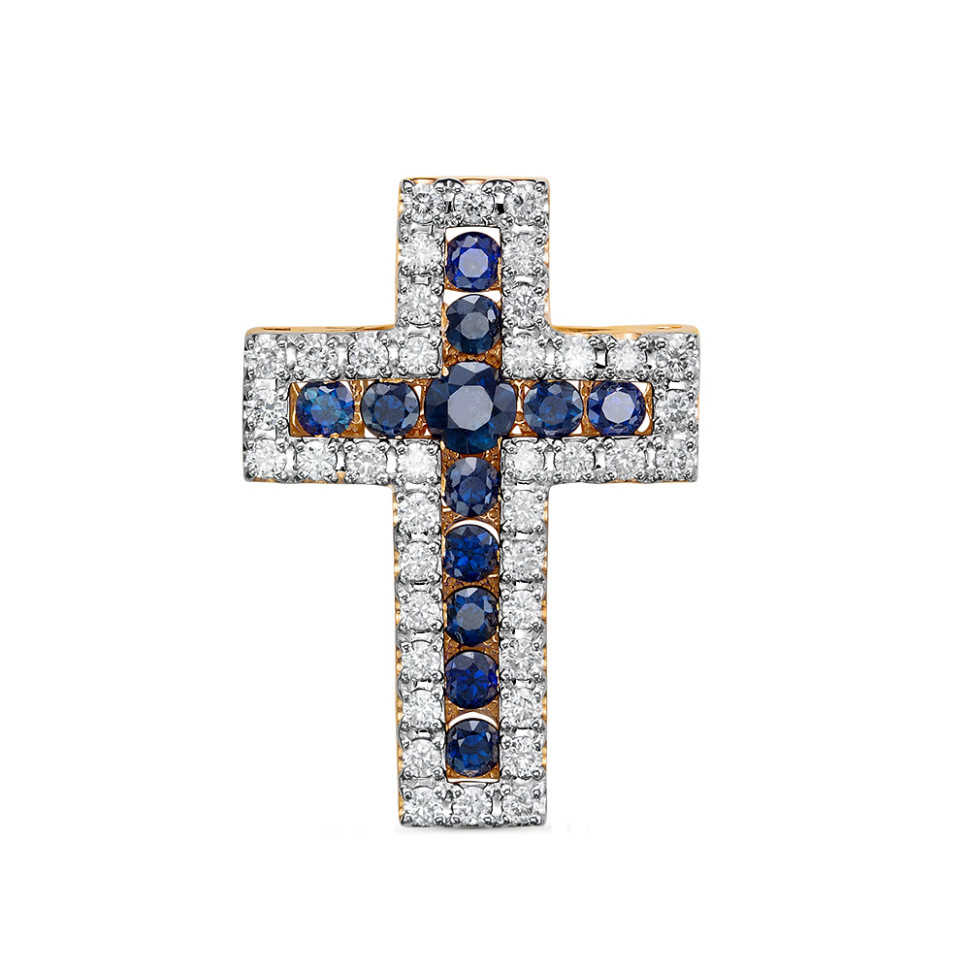 Кулон крест из красного золота с бриллиантами и сапфирами (059440)