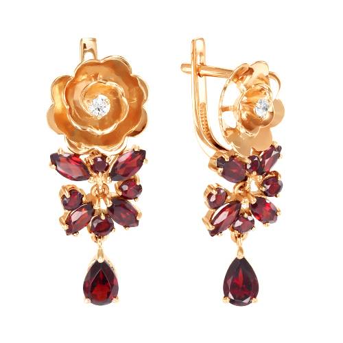 Серьги из красного золота с гранатами и фианитами (040055)
